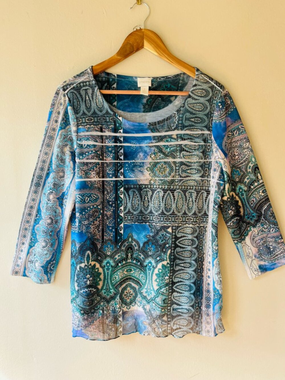 Chicos Sz L Paisley Print Embellished Toni Tiered Blouse Pullover Top